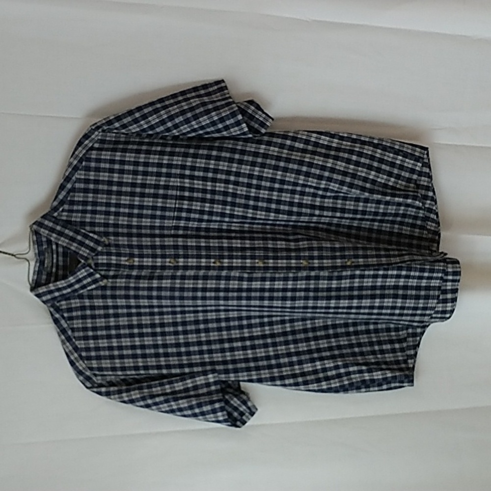 Van Heusen Mens Button Down Shirt Wrinkle Free Broadcloth 16-16.5 Navy Tan Plaid